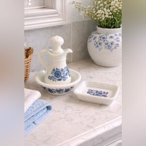 Avon Vintage Delft Floral Milk Glass Vanity Set – Pitcher, Basin & Soap Dish